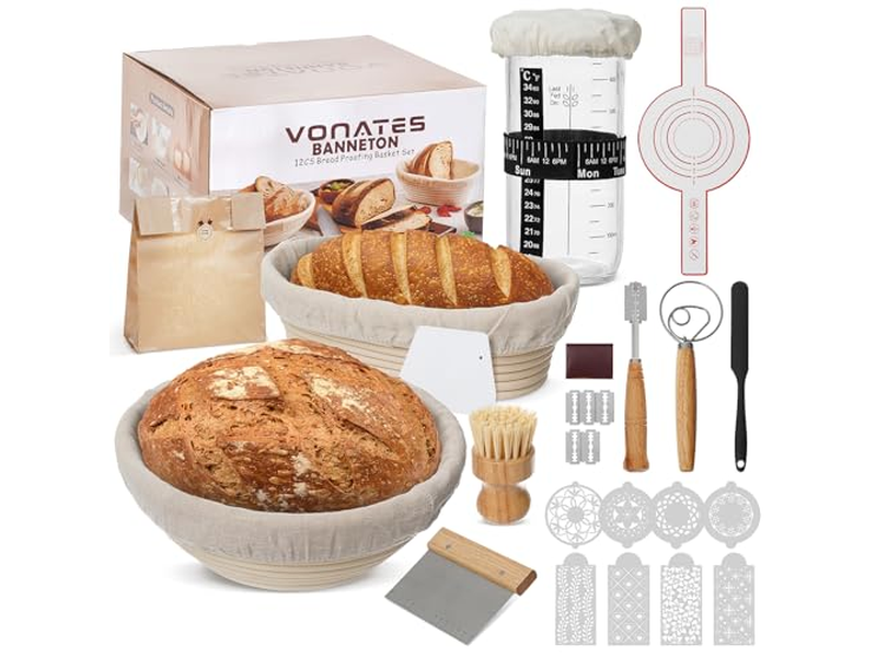 Cestino per Pane in Rattan con Coperchio e Fodera Strumento per Lievitazione del Lievito Madre