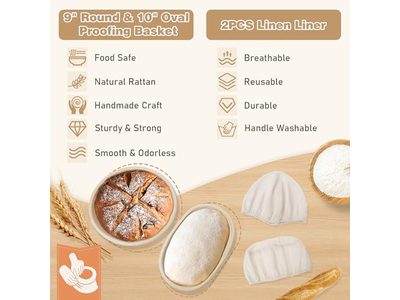 Cestino per Pane in Rattan con Coperchio e Fodera Strumento per Lievitazione del Lievito Madre